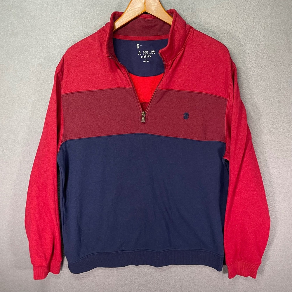IZOD Quarter Zip Pullover Mens Large Red Navy Colorblock Stretch